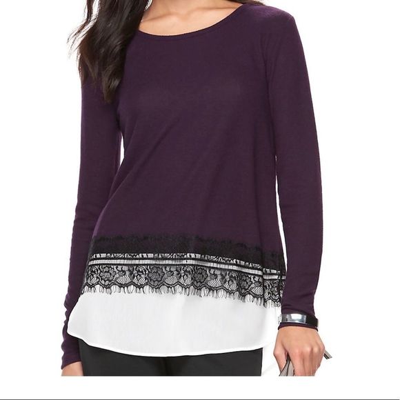 ELLE Women's Lace Trim Mock-Layer Top - Large - Picture 1 of 7